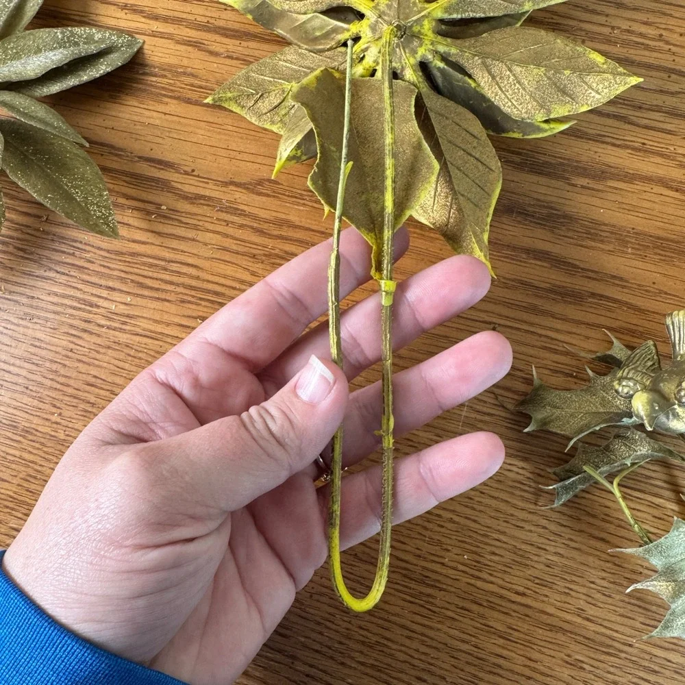 Vintage Metallic Gold‎ Artificial Poinsettia Holly Berry Picks Christmas Decor